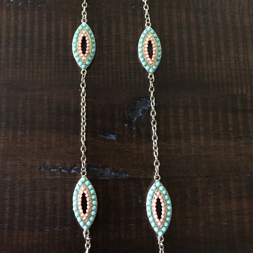 Vintage Turquoise & Pink Accent Goldtone Chain Necklace - Picture 2 of 5